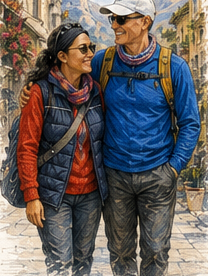 Gary and Isabel Wilson walking through an old town
