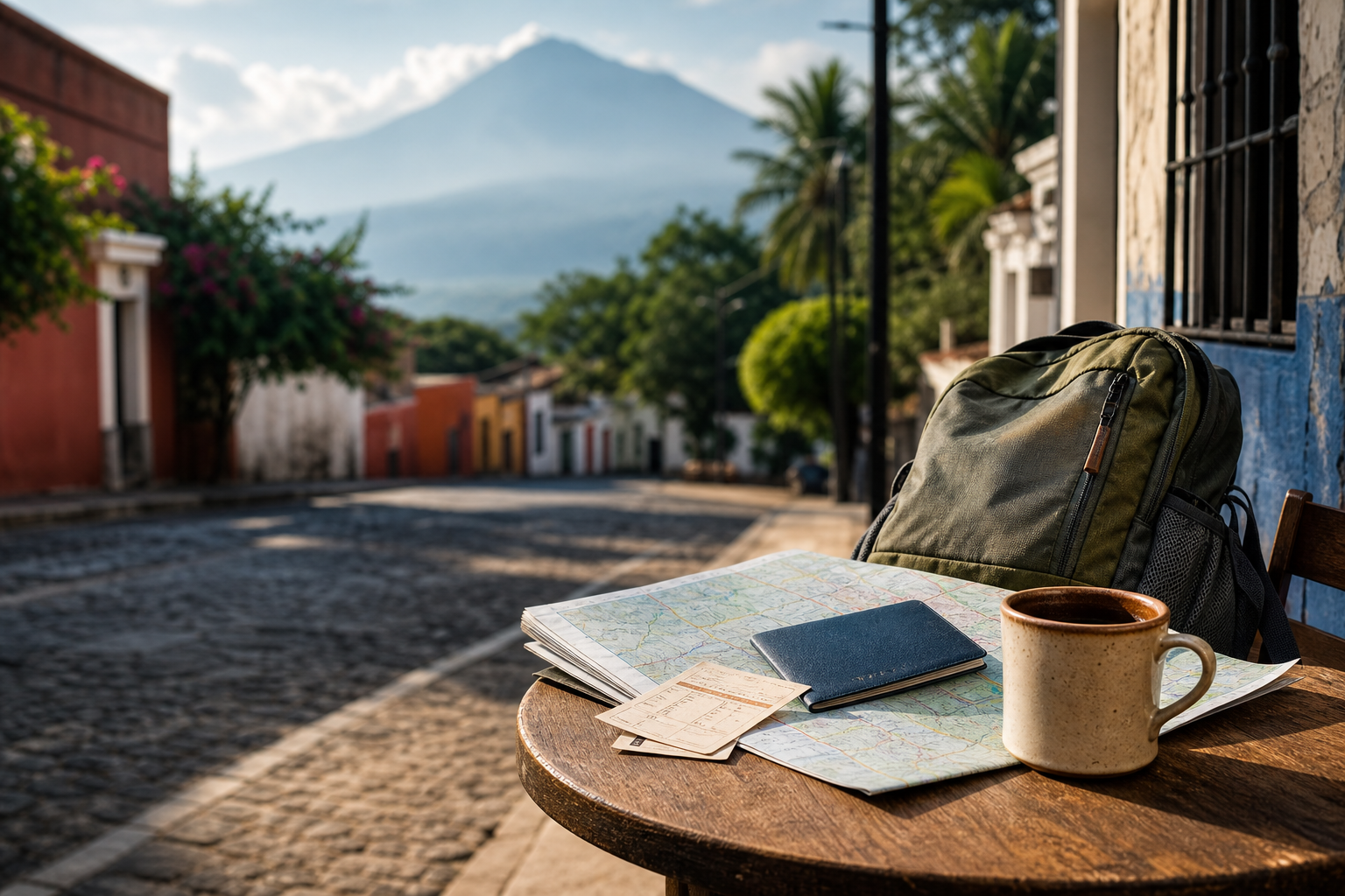 Backpack, map, passport, and coffee on a Central America street table