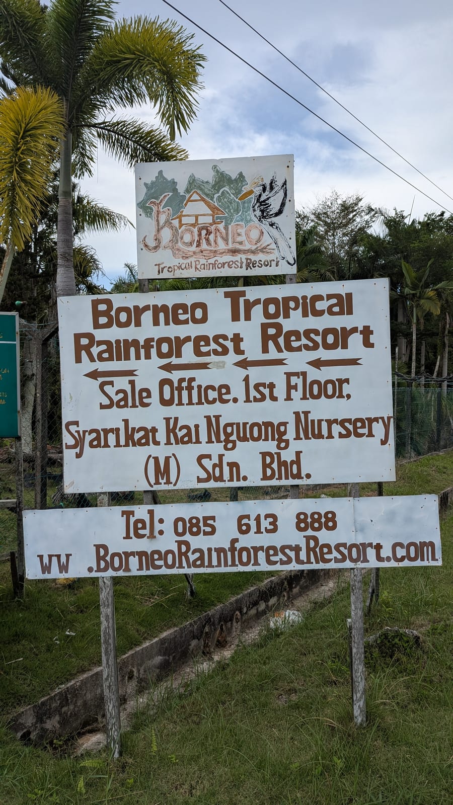 Roadside sign for the Borneo Tropical Rainforest Resort near Miri