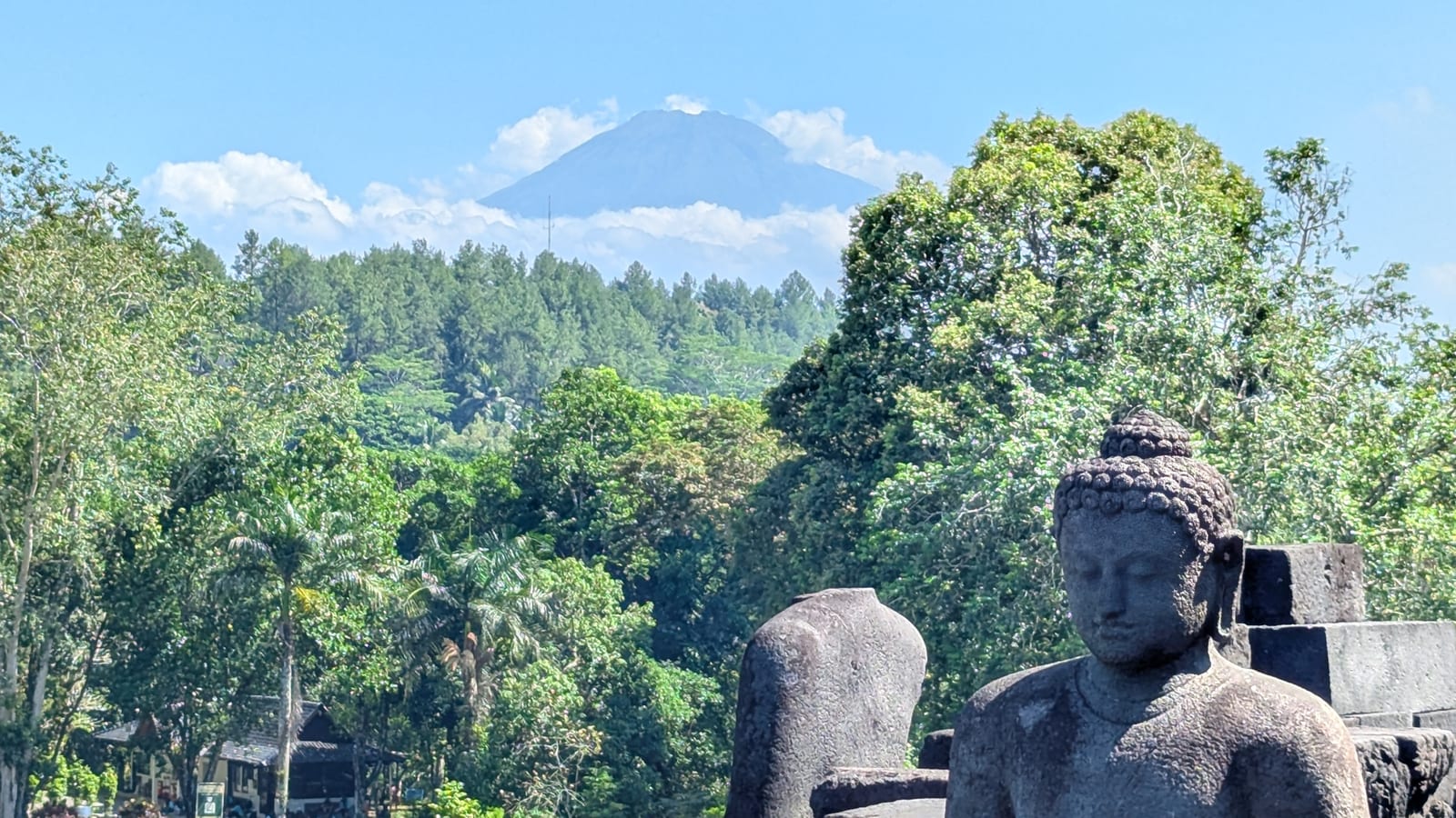 A Buddha statue with Mount Merapi volcano visible through the trees