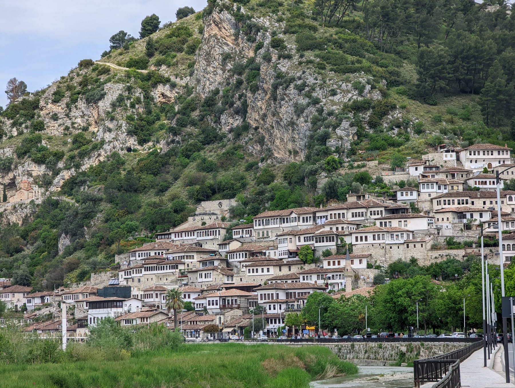 Berat old town white Ottoman houses rising over the Osum River in Albania