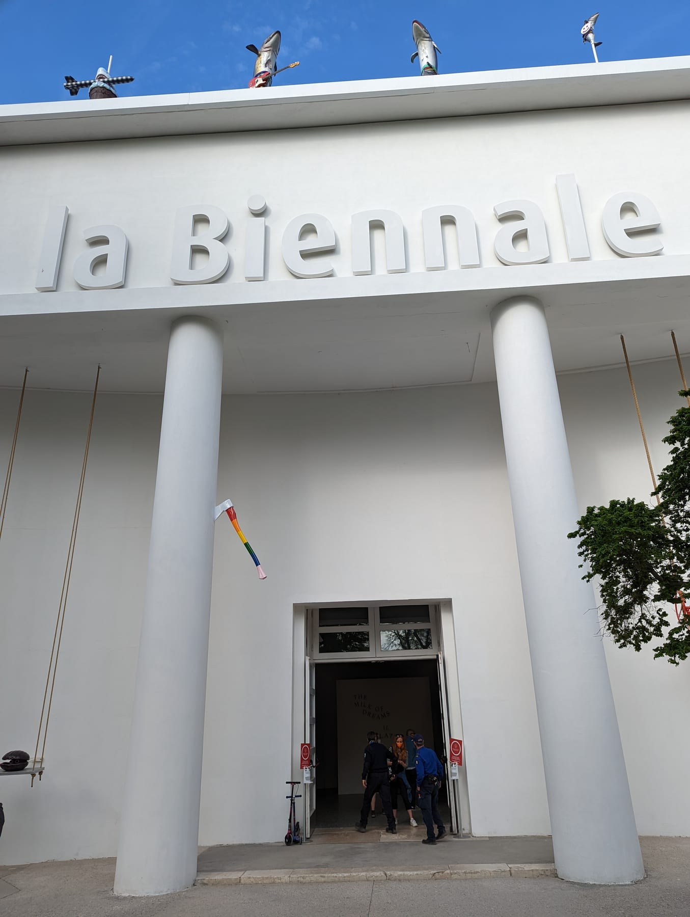 Exterior of a Venice Biennale exhibition building with the Biennale lettering on its facade